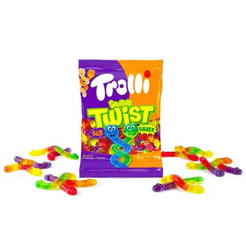 Trolli Squiggle Twist – Dwukolorowe żelki dżdżownice, owocowy słodki poczęstunek